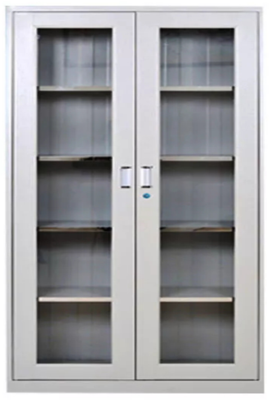 Opposite two glass filing cabinets